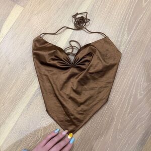 Cider Brown Satin Halter Tie-Back Camisole
